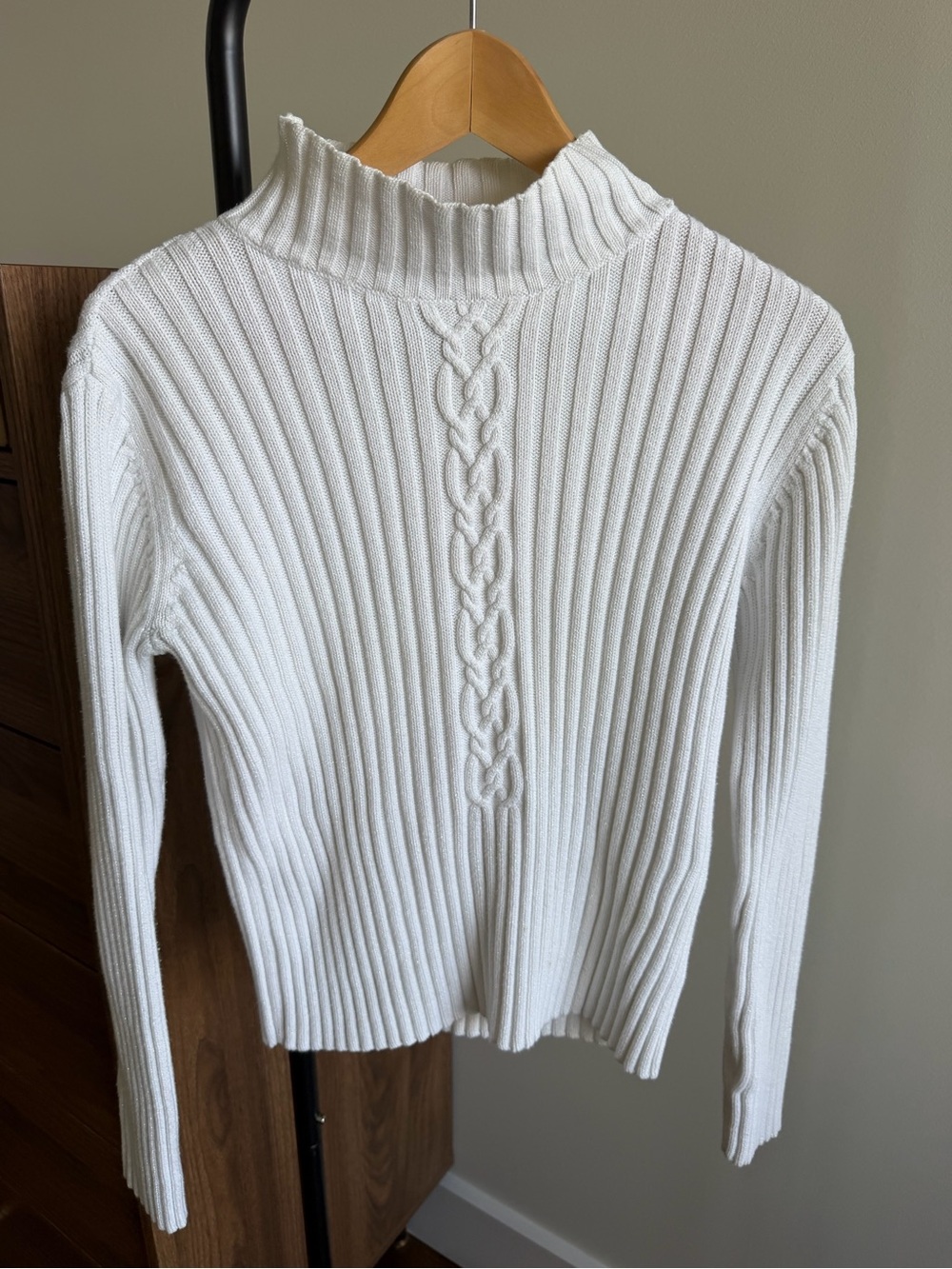 Vintage St. John's Bay White Ribbed Metallic Mock Neck Cotton Sweater Size M